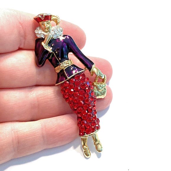 Red Hat Society Lady Brooch Large Goldtone with Purple Enamel Red Rhinestone L-S - Picture 9 of 10